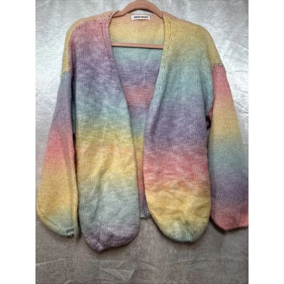 Bisous Project Wool Blend‎ Pastel Rainbow Fuzzy Knit Open Cardigan Soft Cozy - Picture 1 of 5